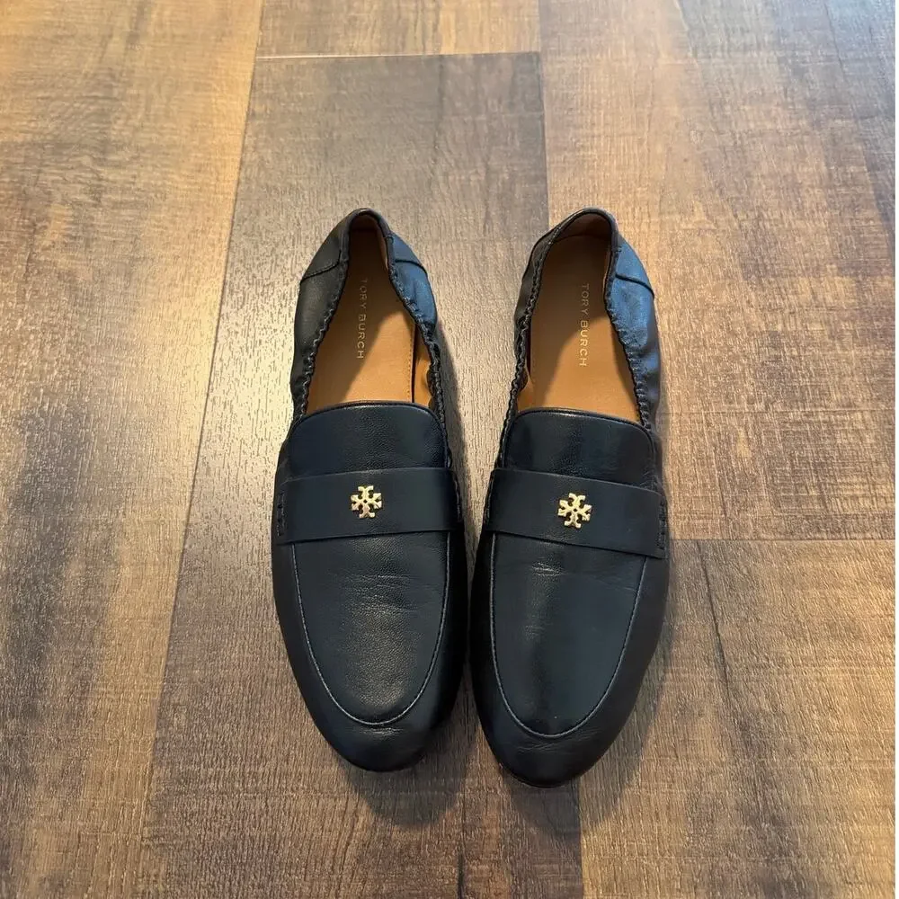 Tory Burch Black Leather Loafers Women's 7.5M Gold Logo Flats